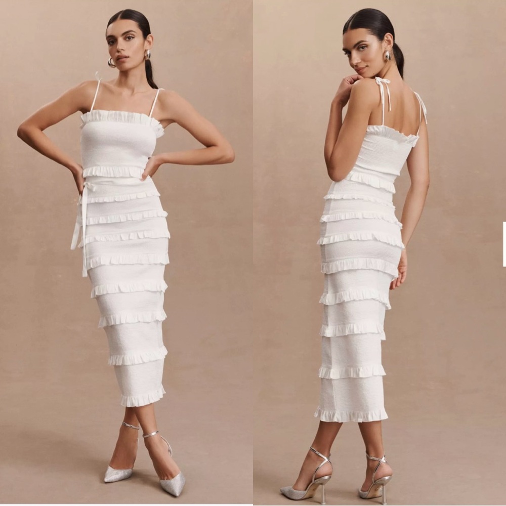 V. CHAPMAN Lily Ruched & Ruffled Stretch Midi Dress White
